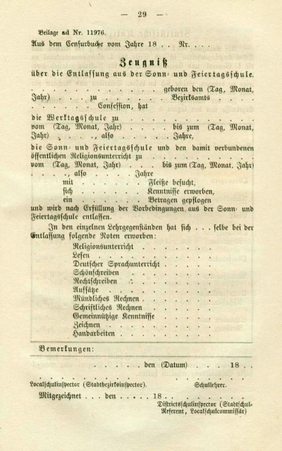 altes Zeugnisformular aus dem Jahre 1865